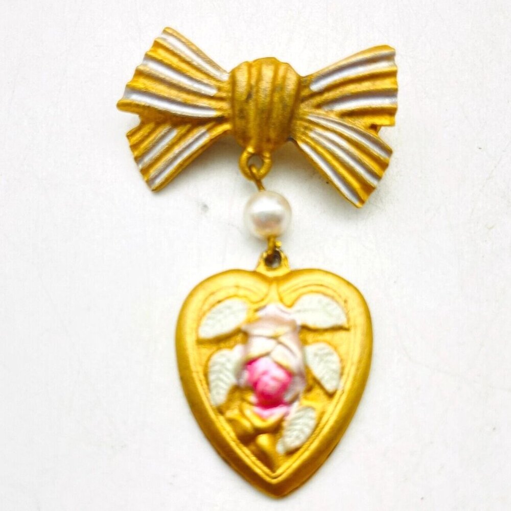Dangling Heart Brooch Matte Gold Tone Ribbon Bow Pink Rose Love Valentine Friend